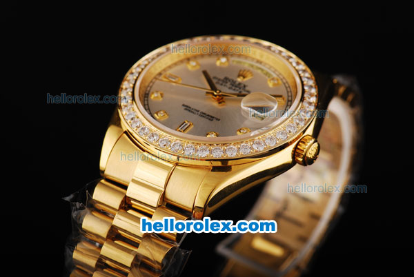 Rolex Day Date II Automatic Movement Full Gold with Diamond Bezel-Silver Dial and Diamond Markers - Click Image to Close